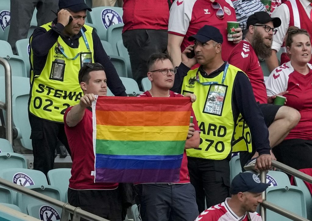 Security Grab LGBT Flag from Danish Fans at Euro Tournament Match in Azerbaijan