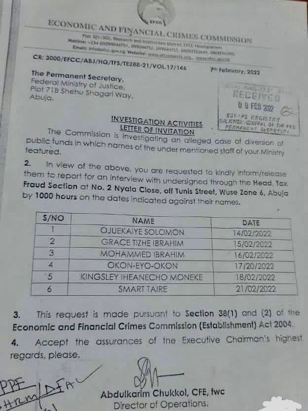 BREAKING: Nigeria’s Anti-graft Agency, EFCC Investigates Ministry Of Justice Over Alleged Fraud, Invites Six Workers For Questioning
