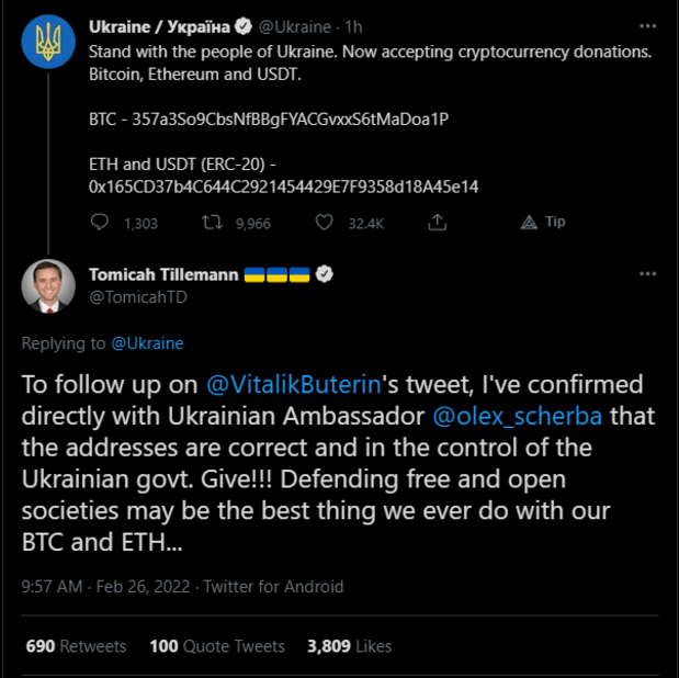 Driving Bitcoin Donations, Ukraine-Russia Conflict Showcases Separation Of Money And State