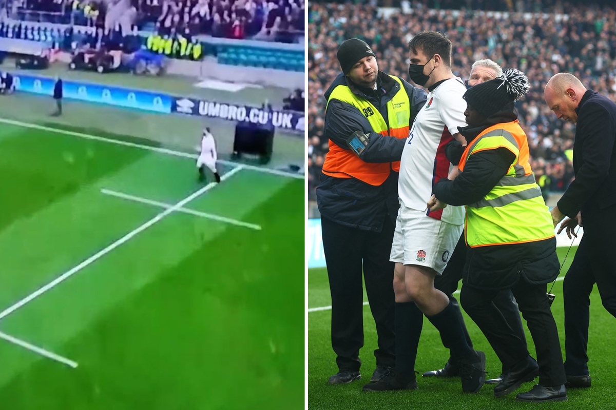 Watch as England pitch invader is tackled by security after joining team in line-up for Six Nations clash vs Ireland